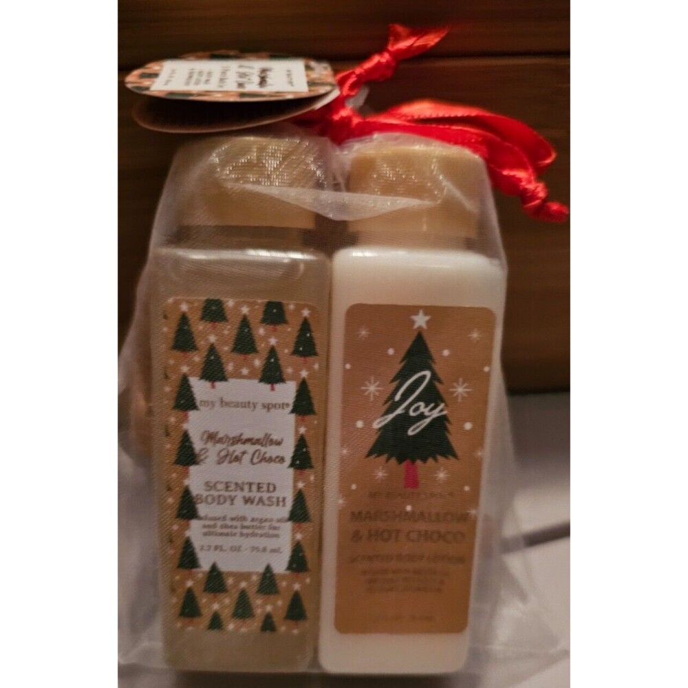 Marshmallow And Hot Choco 3 Piece Bath Set Body Wash Lotion Shower Sponge Gift
